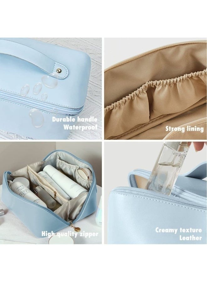 حقيبة مكياج كبيرة من الجلد الصناعي للنساء - منظم مستحضرات تجميل للسفر بفتحة علوية واسعة، وأقسام داخلية مقسمة، ومقبض متين، لون أزرق فاتح أنيق لتخزين أدوات الزينة - Image 2